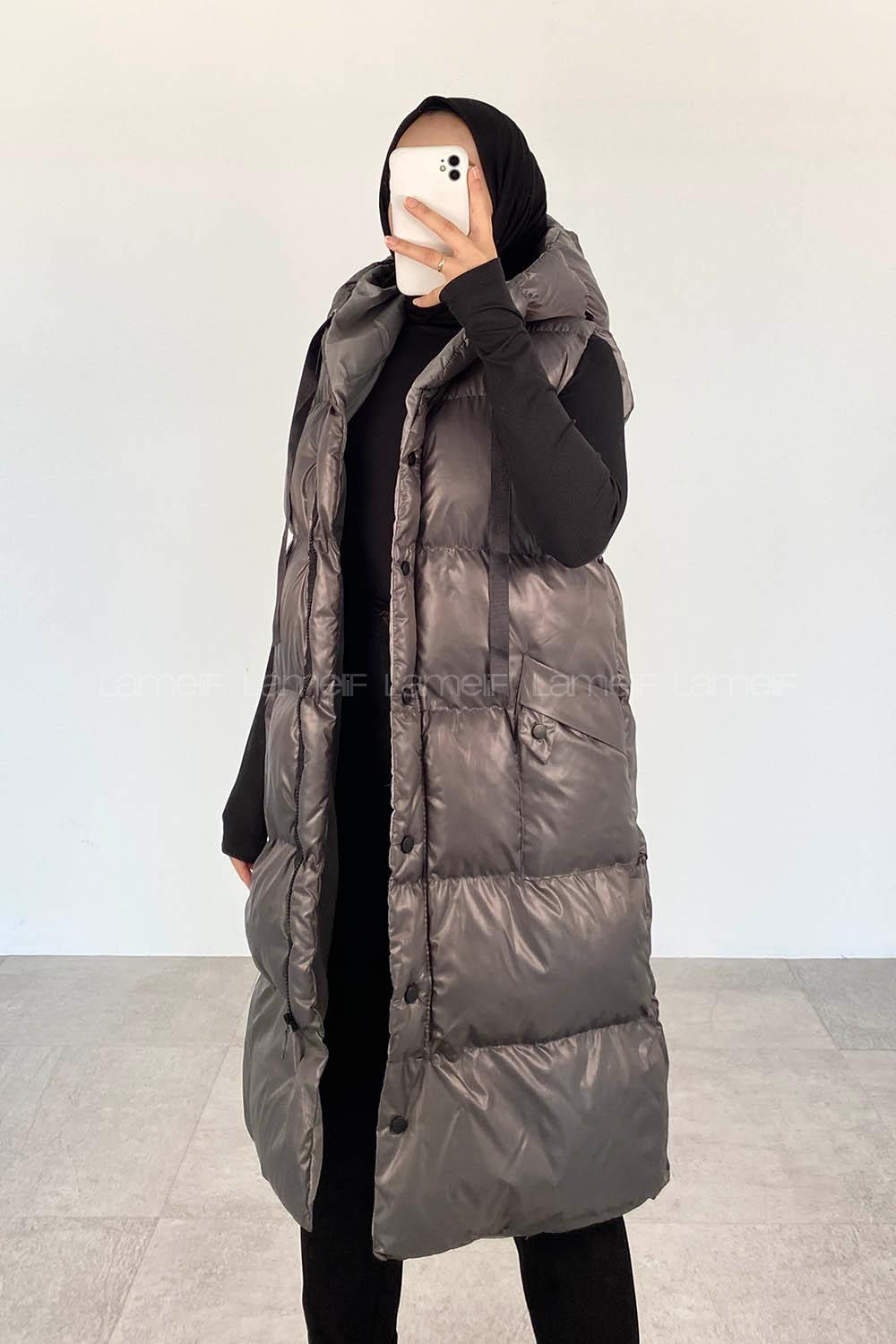 Modalamelif Kapüşonlu Çift Cepli Fermuarlı Şişme Mont Yelek Gri