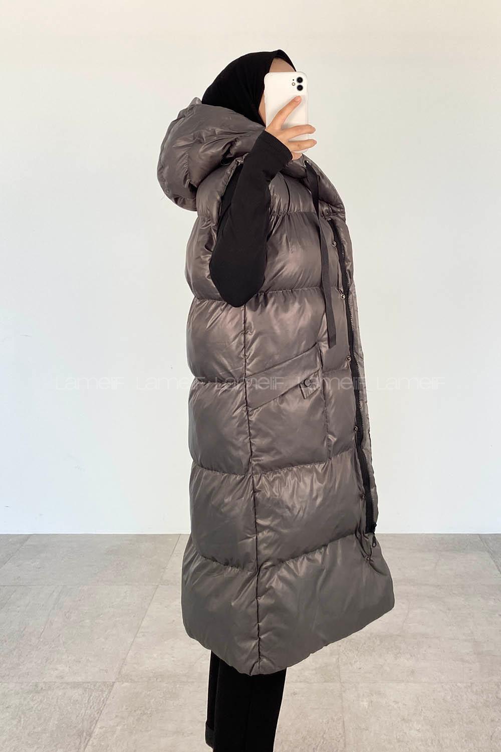 Modalamelif Kapüşonlu Çift Cepli Fermuarlı Şişme Mont Yelek Gri