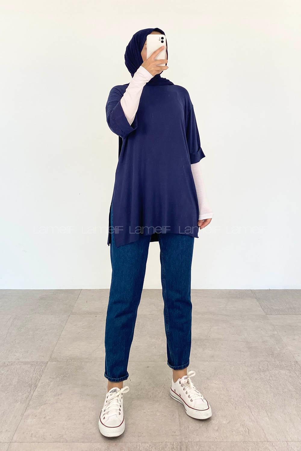 Navy Blue-1 Crew Neck Half Arm Arm Cotton Unprinted T-shirt