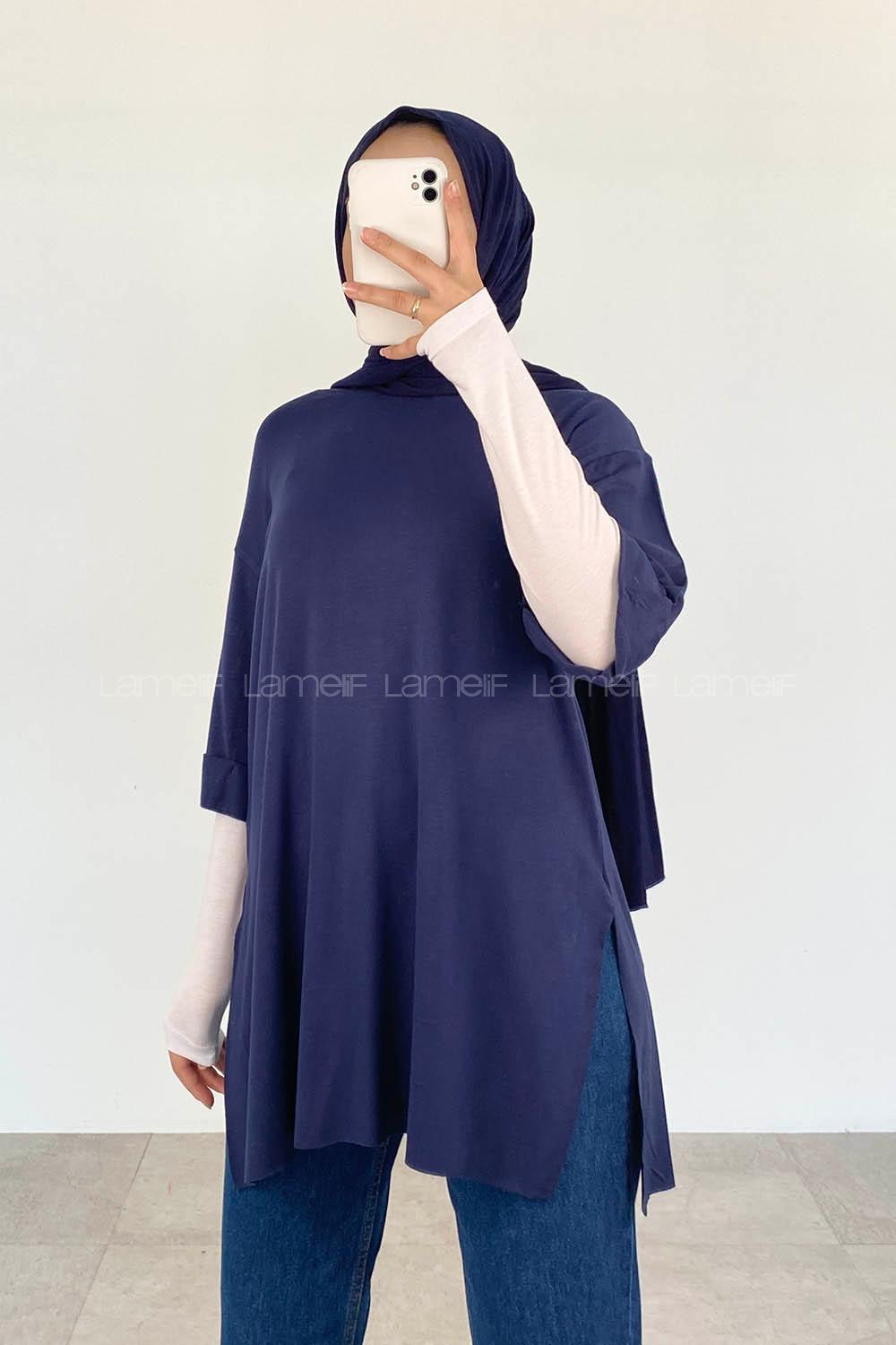 Navy Blue-1 Crew Neck Half Arm Arm Cotton Unprinted T-shirt