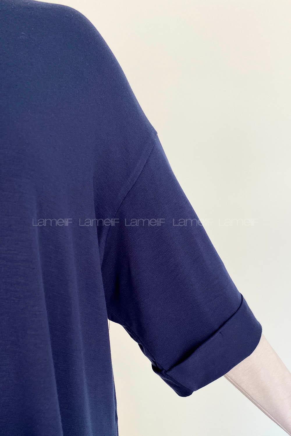 Navy Blue-1 Crew Neck Half Arm Arm Cotton Unprinted T-shirt