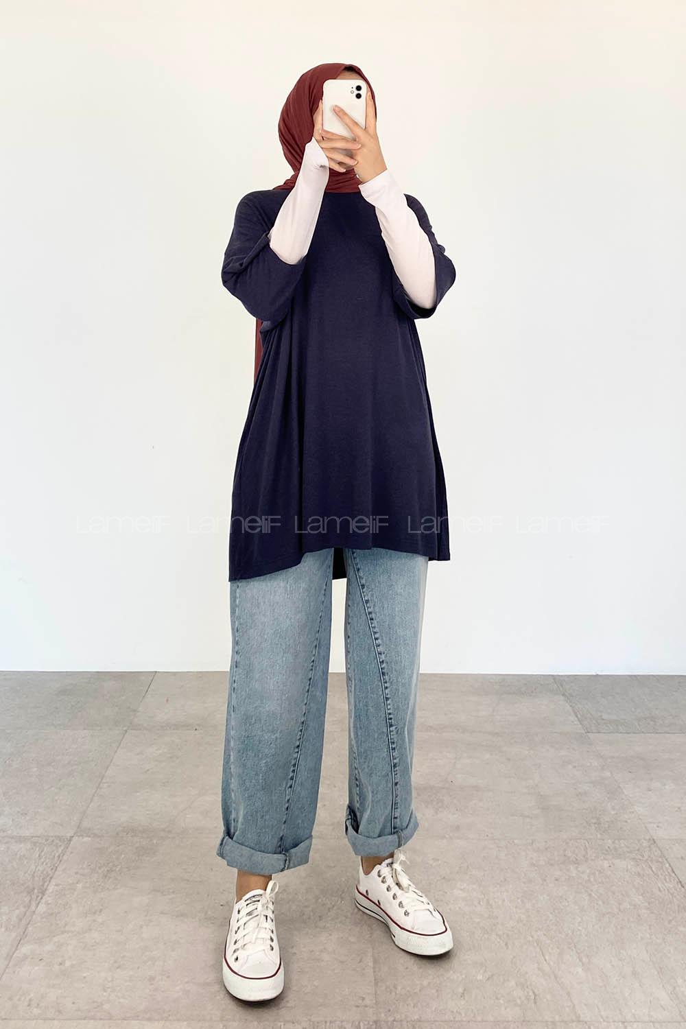 Navy Blue-2 Crew Neck Half Arm Arm Cotton Unprinted T-shirt