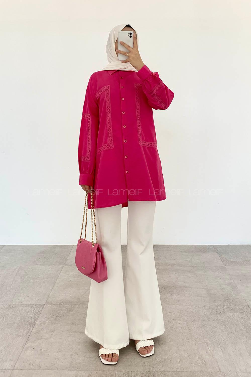 Fuchsia Shirt Collar Long Arm Cotton Unprinted Shirt