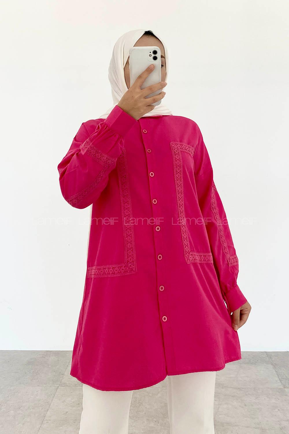 Fuchsia Shirt Collar Long Arm Cotton Unprinted Shirt