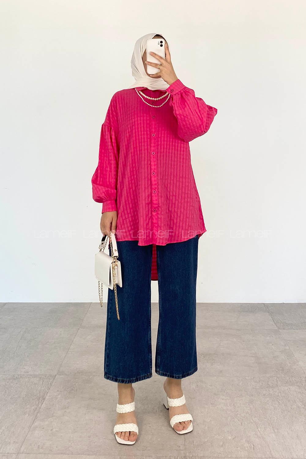 Fuchsia Shirt Collar Long Arm Cotton Unprinted Shirt