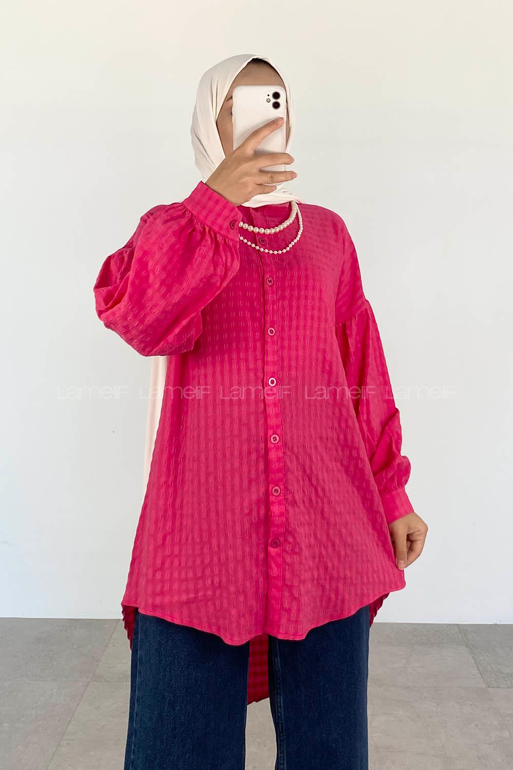 Fuchsia Shirt Collar Long Arm Cotton Unprinted Shirt