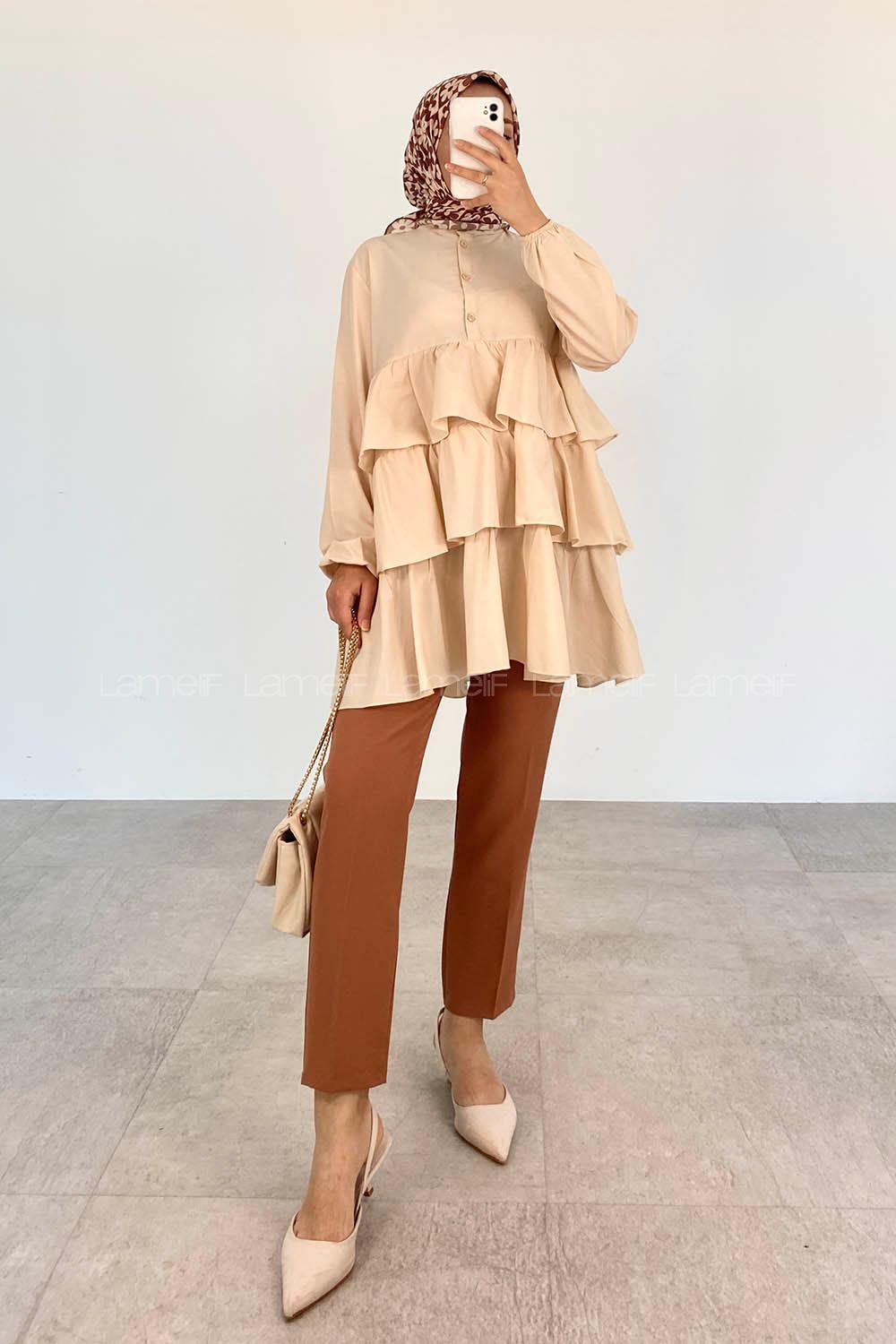 Beige Mandarin Collar Cotton Unprinted Tunic