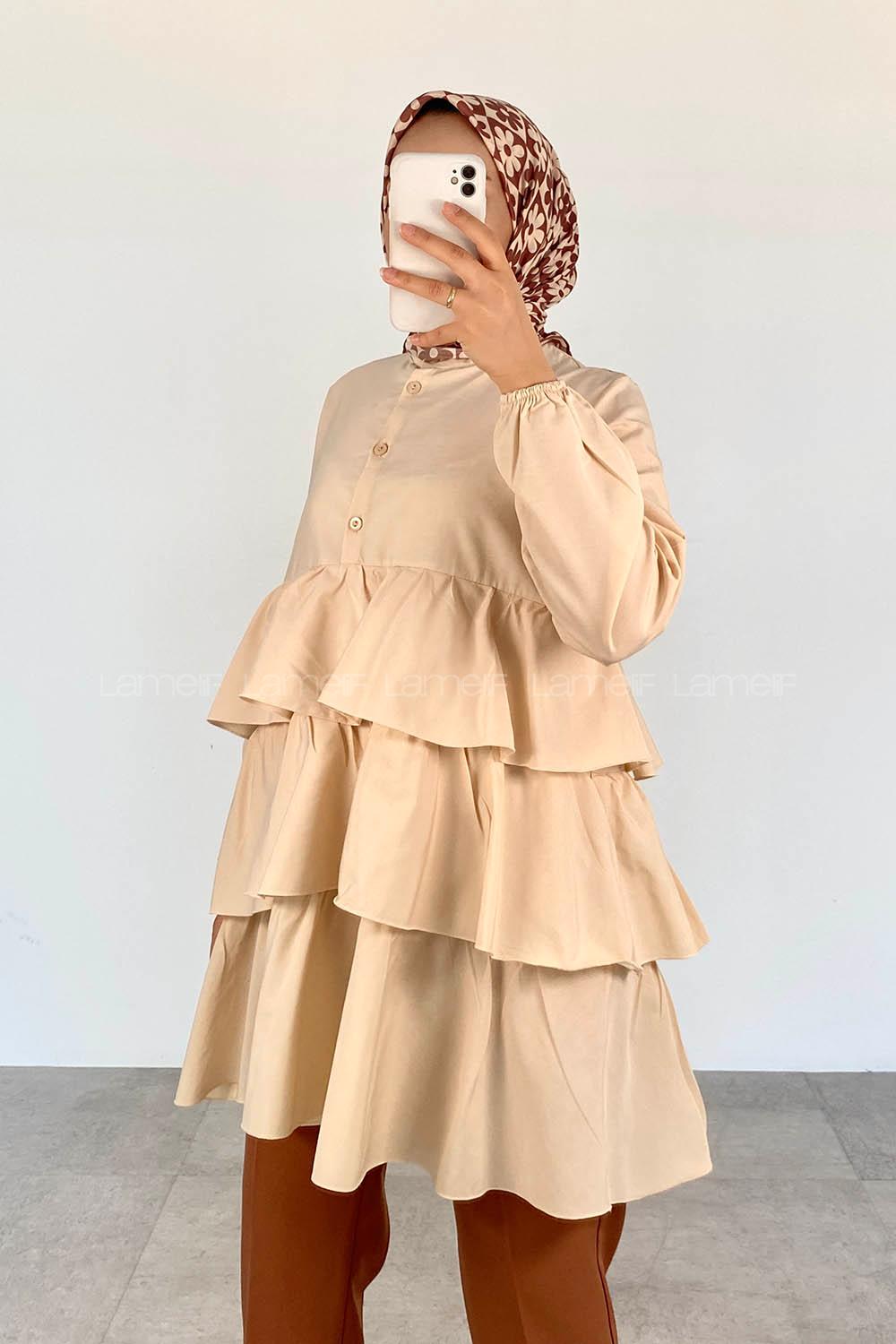 Beige Mandarin Collar Cotton Unprinted Tunic