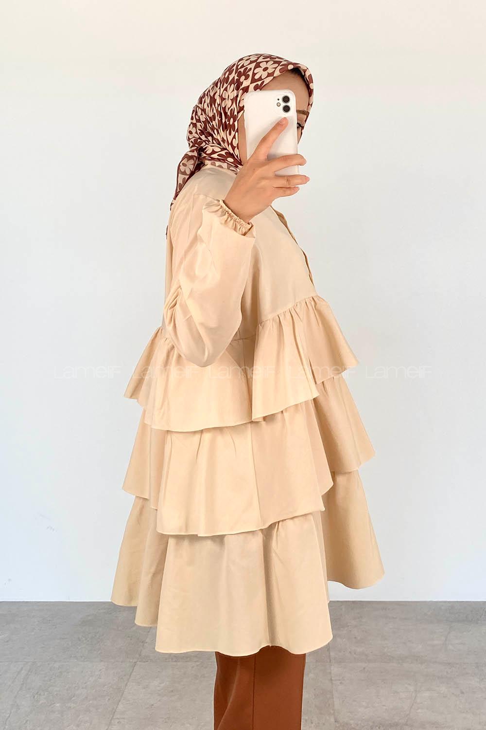 Beige Mandarin Collar Cotton Unprinted Tunic