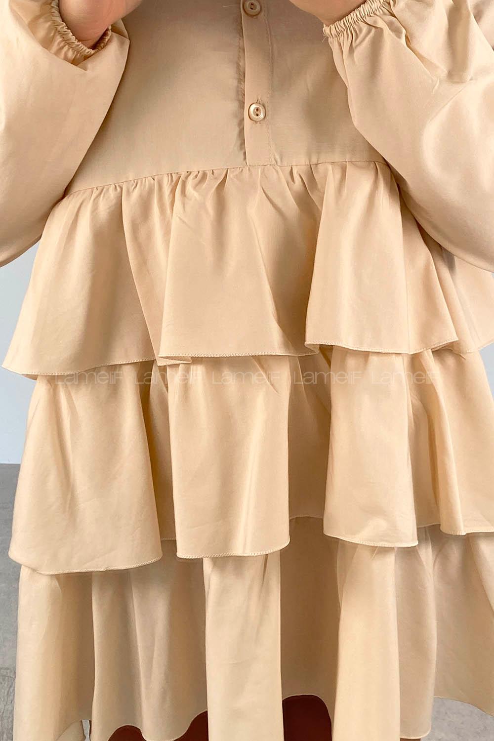 Beige Mandarin Collar Cotton Unprinted Tunic