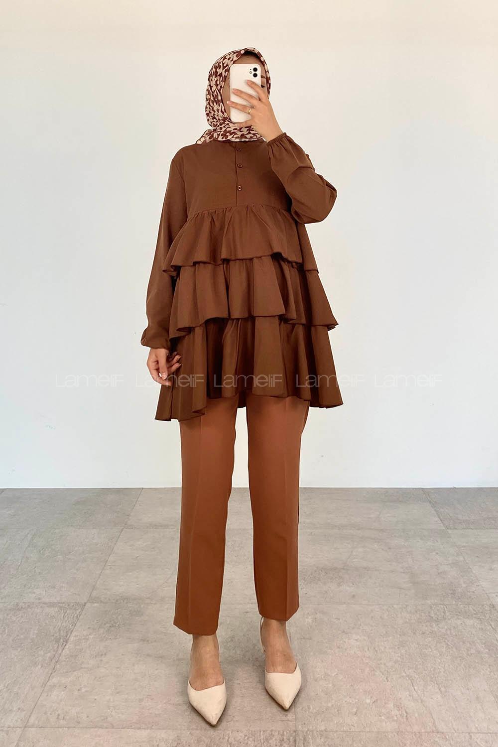 Brown Mandarin Collar Cotton Unprinted Tunic