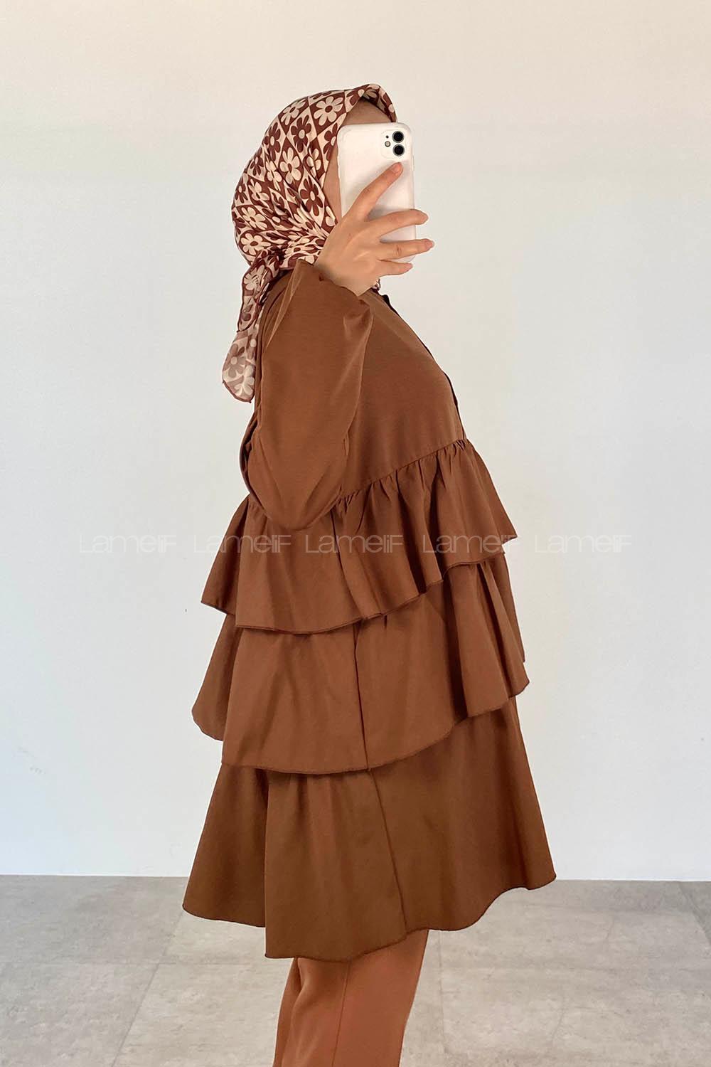 Brown Mandarin Collar Cotton Unprinted Tunic