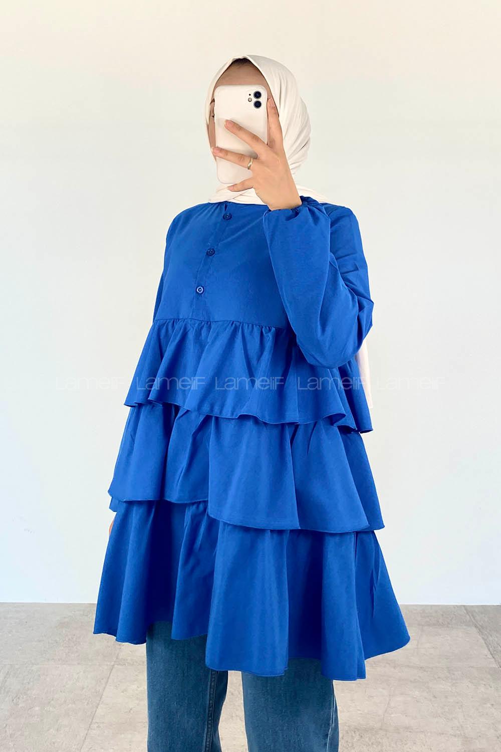 Blue Mandarin Collar Cotton Unprinted Tunic