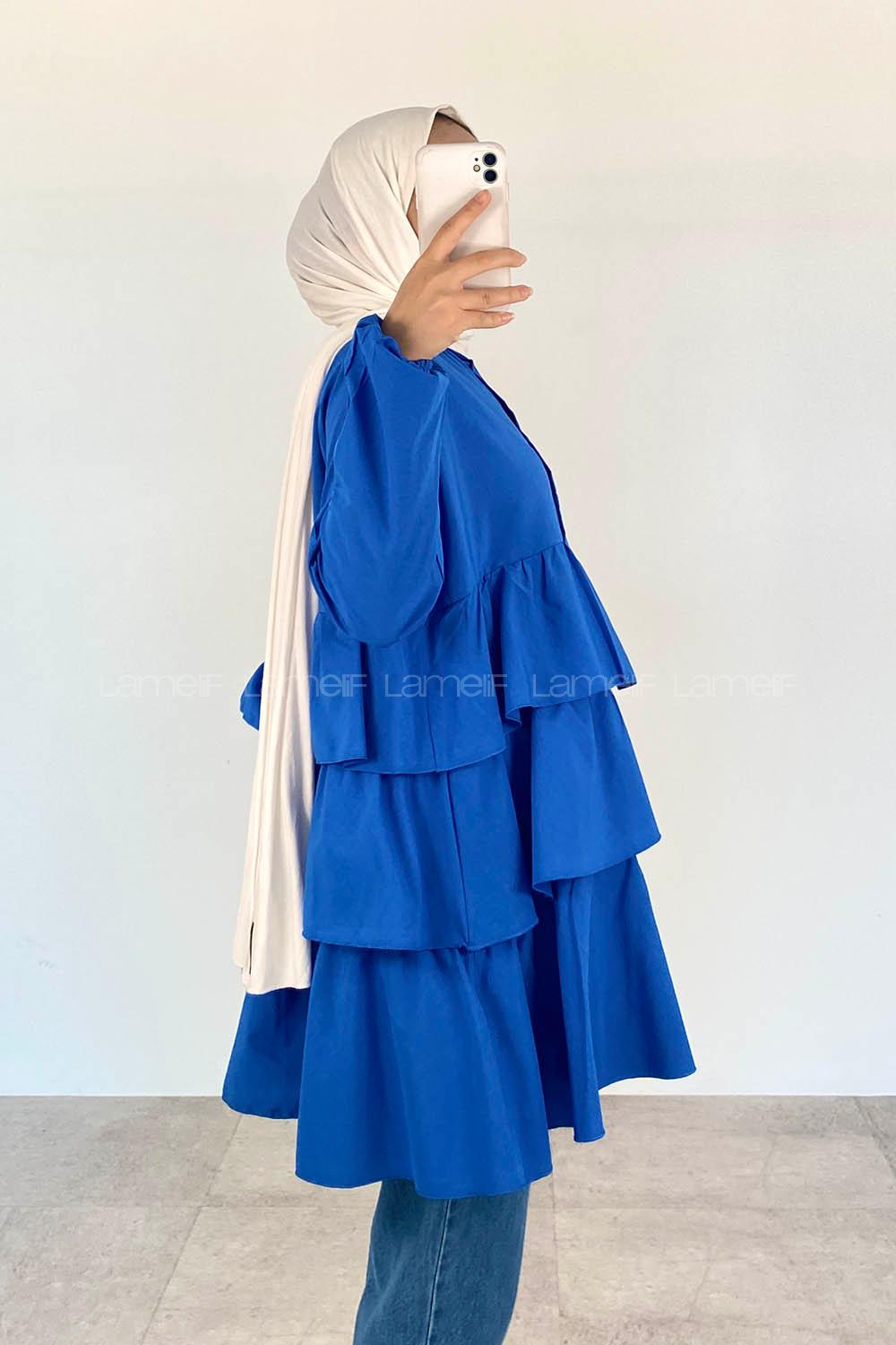 Blue Mandarin Collar Cotton Unprinted Tunic