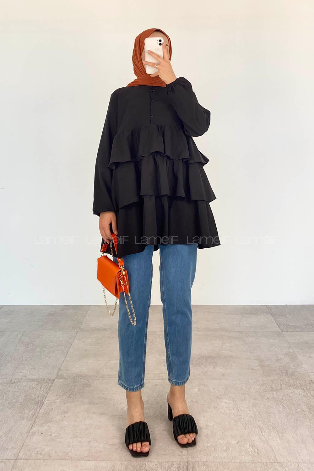 Black Mandarin Collar Cotton Unprinted Tunic