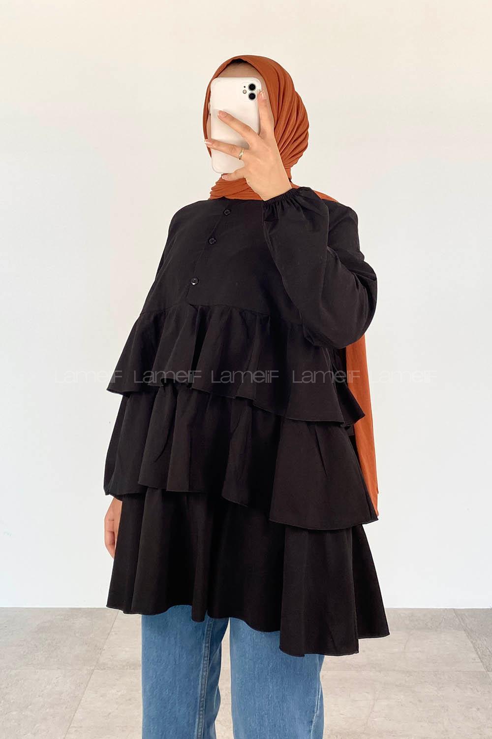 Black Mandarin Collar Cotton Unprinted Tunic