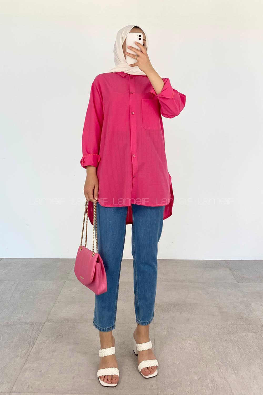 Fuchsia Shirt Collar Long Arm Cotton Unprinted Shirt