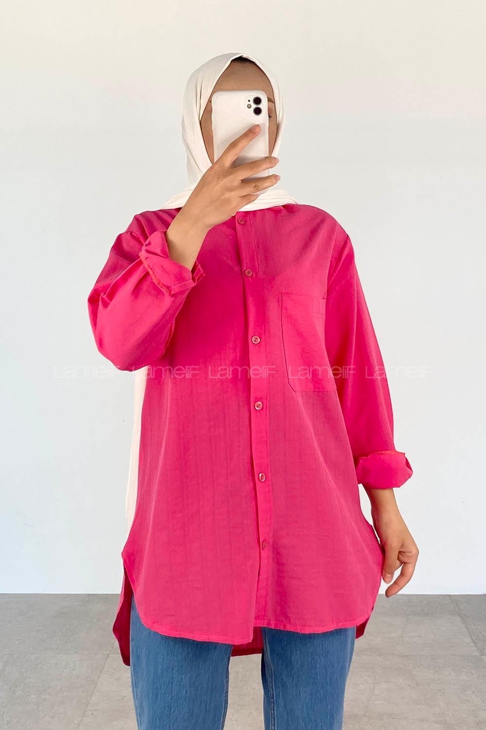 Fuchsia Shirt Collar Long Arm Cotton Unprinted Shirt