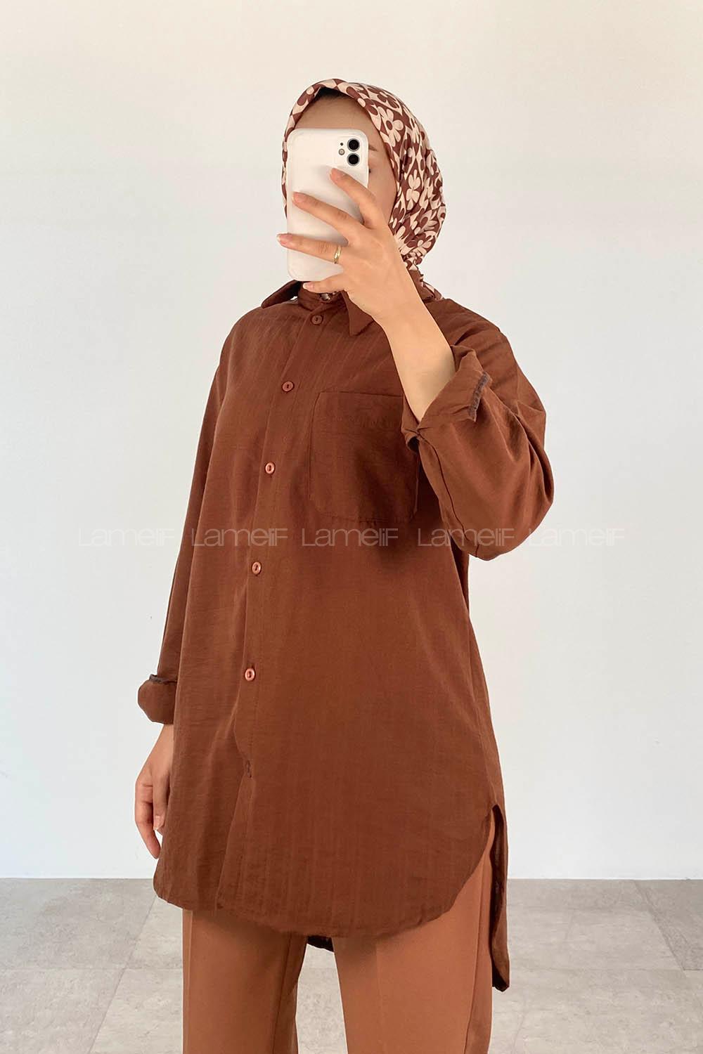 Brown Shirt Collar Long Arm Cotton Unprinted Shirt