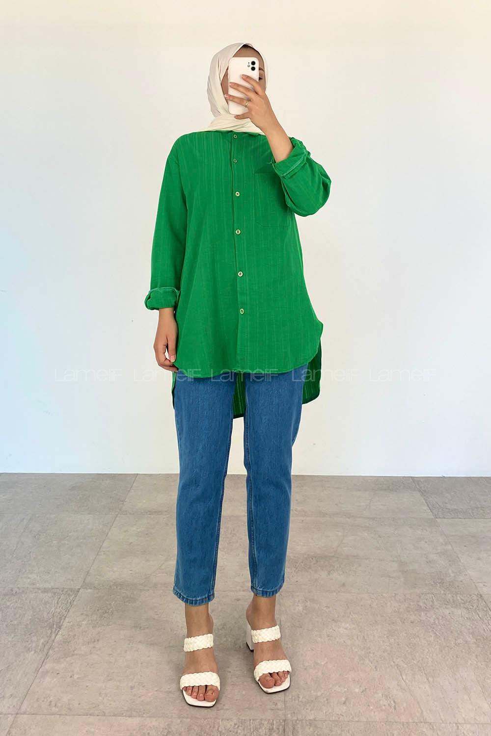 Green Shirt Collar Long Arm Cotton Unprinted Shirt