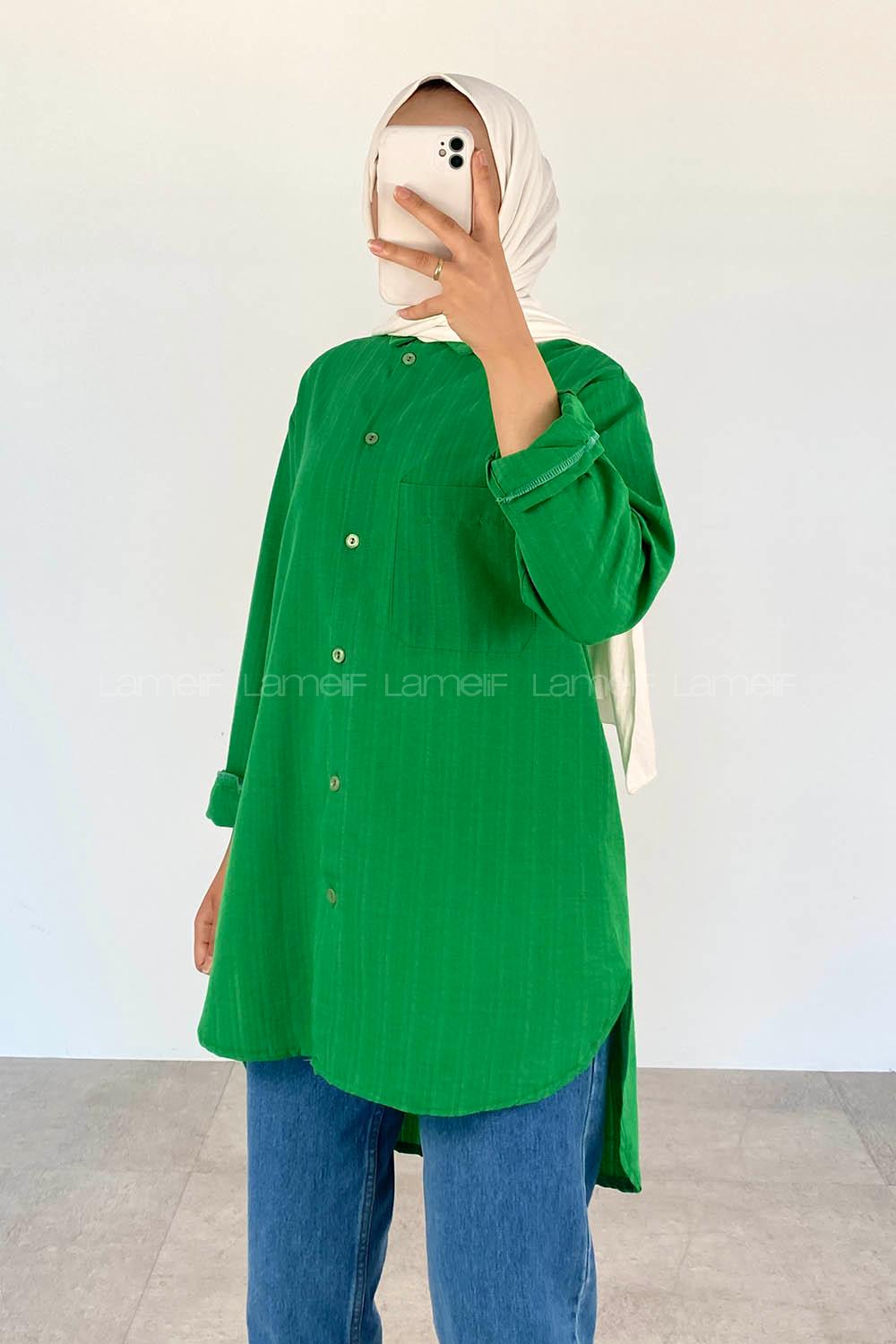 Green Shirt Collar Long Arm Cotton Unprinted Shirt