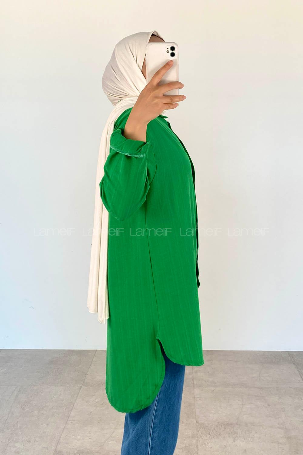 Green Shirt Collar Long Arm Cotton Unprinted Shirt