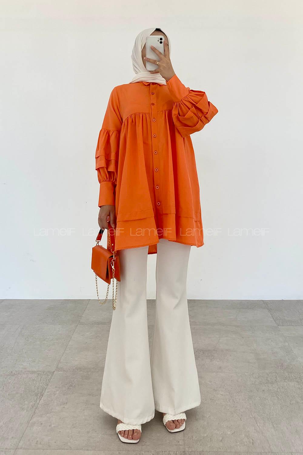 Orange Shirt Collar Long Arm Viscose Fabric Printed Shirt