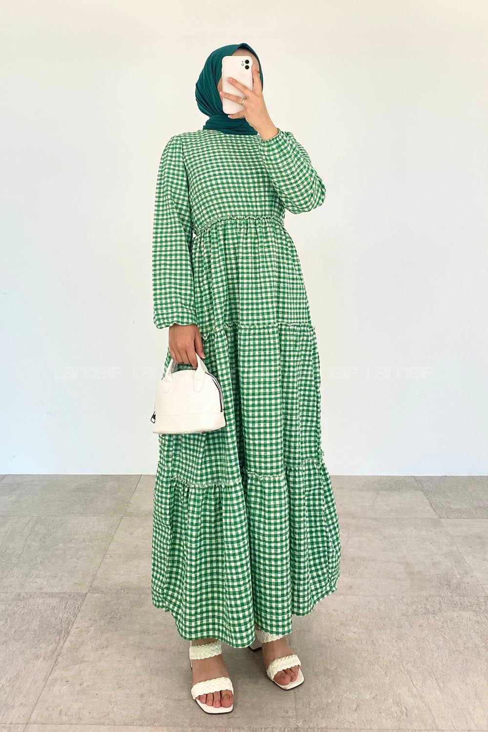 Green Medium Crew Neck Cotton Fabric Unprinted Dresess