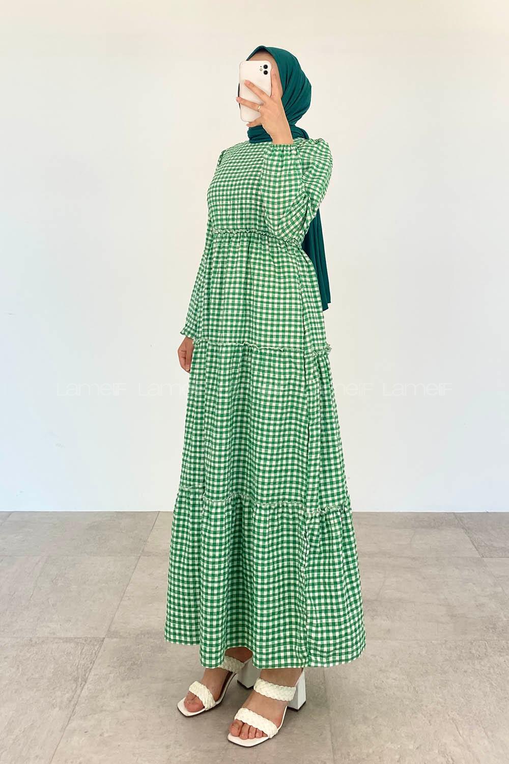 Green Medium Crew Neck Cotton Fabric Unprinted Dresess