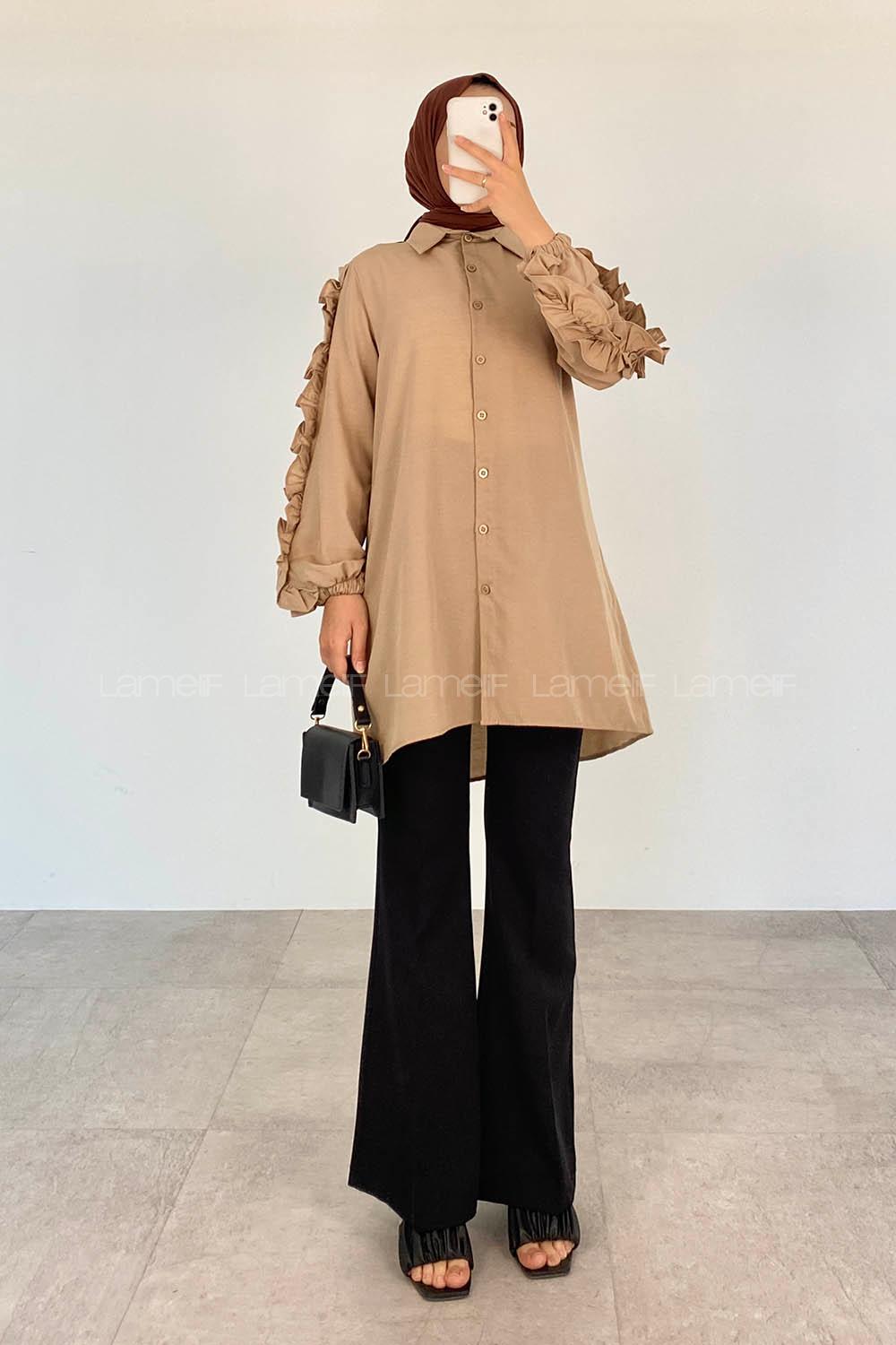 Beige Shirt Collar Long Arm Cotton Unprinted Shirt