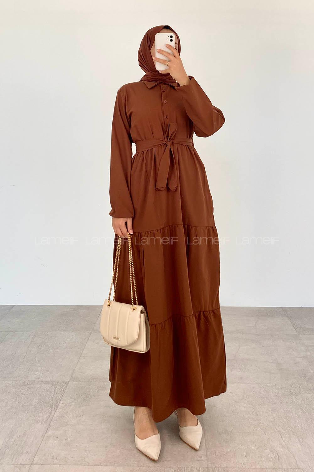 Brown Medium Crew Neck Cotton Fabric Unprinted Dresess