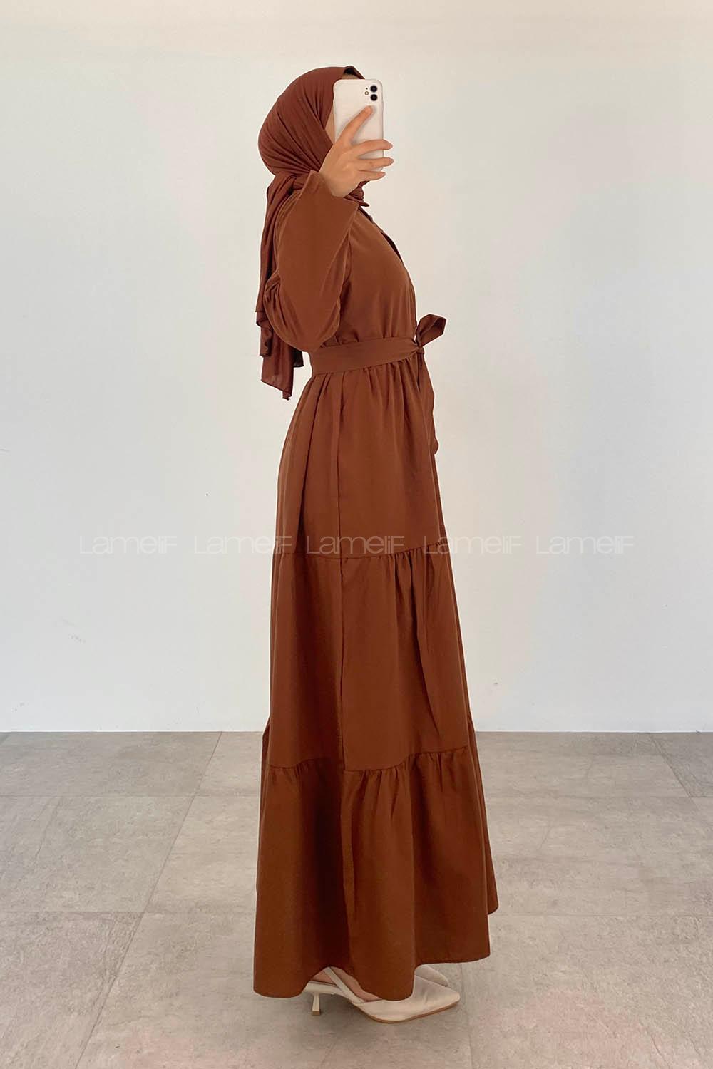 Brown Medium Crew Neck Cotton Fabric Unprinted Dresess