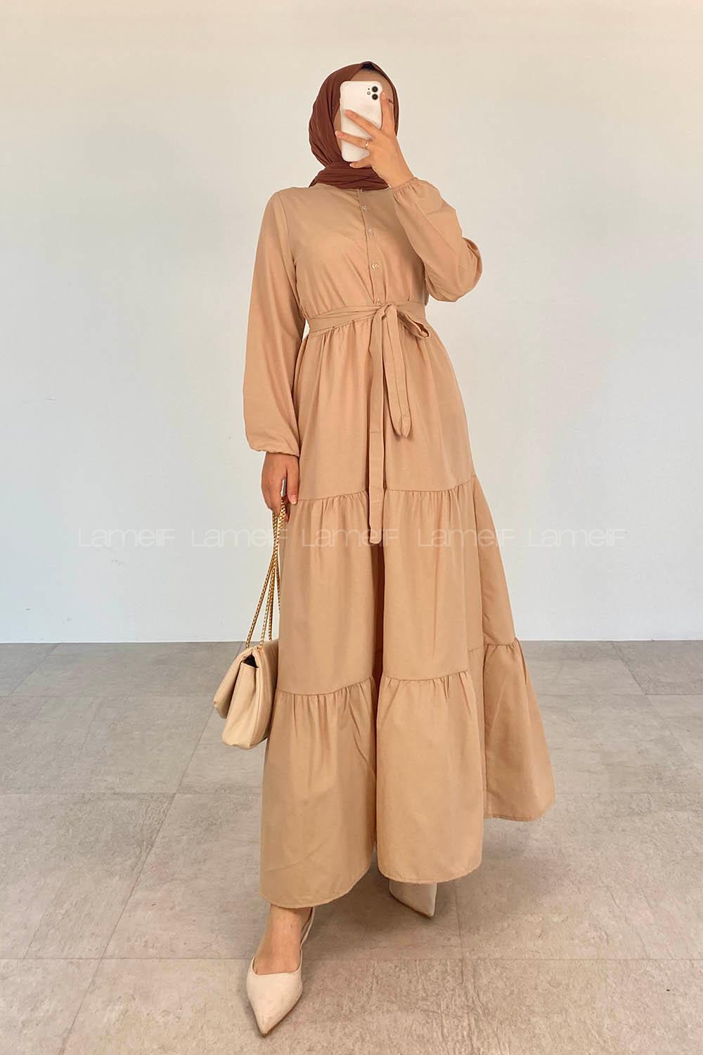 Brown With Milk Crew Neck Cotton Unprinted Dresess