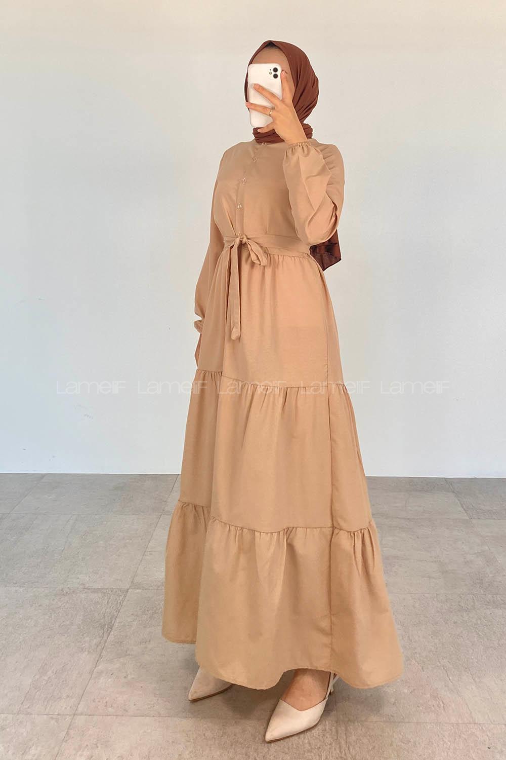 Brown With Milk Crew Neck Cotton Unprinted Dresess