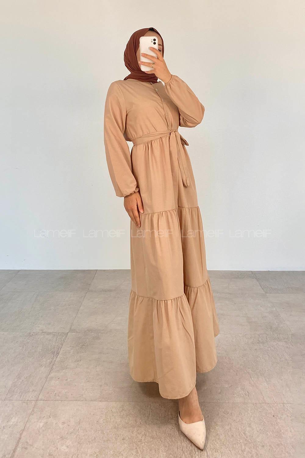 Brown With Milk Crew Neck Cotton Unprinted Dresess