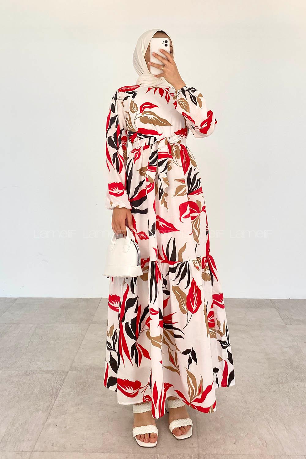 Red Crew Neck Viscose Fabric Printed Dresess