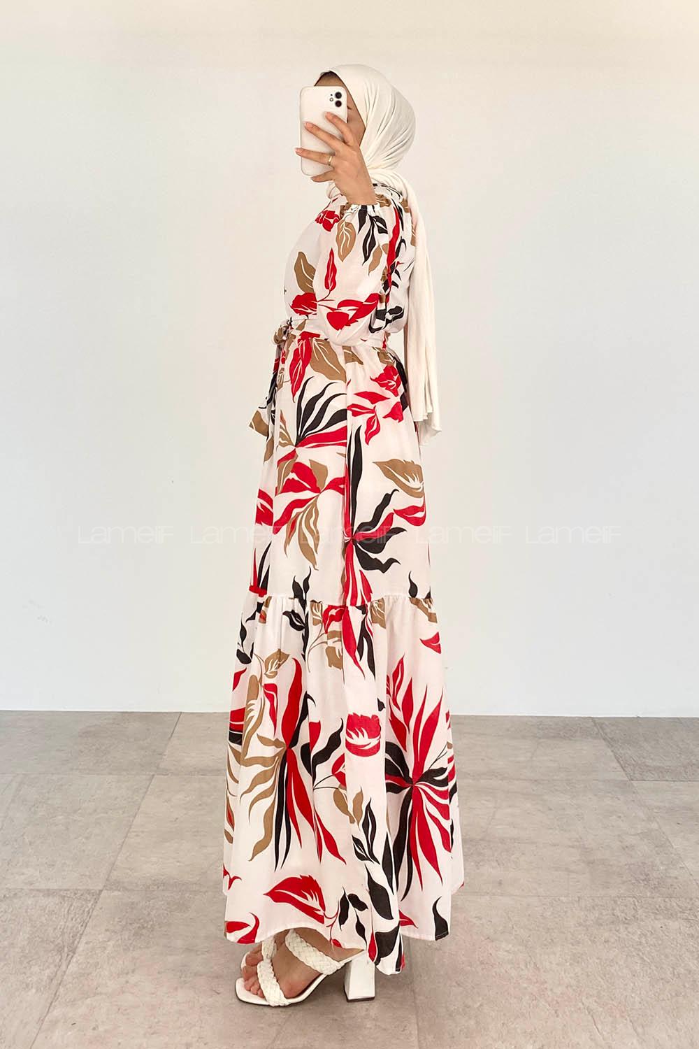 Red Crew Neck Viscose Fabric Printed Dresess