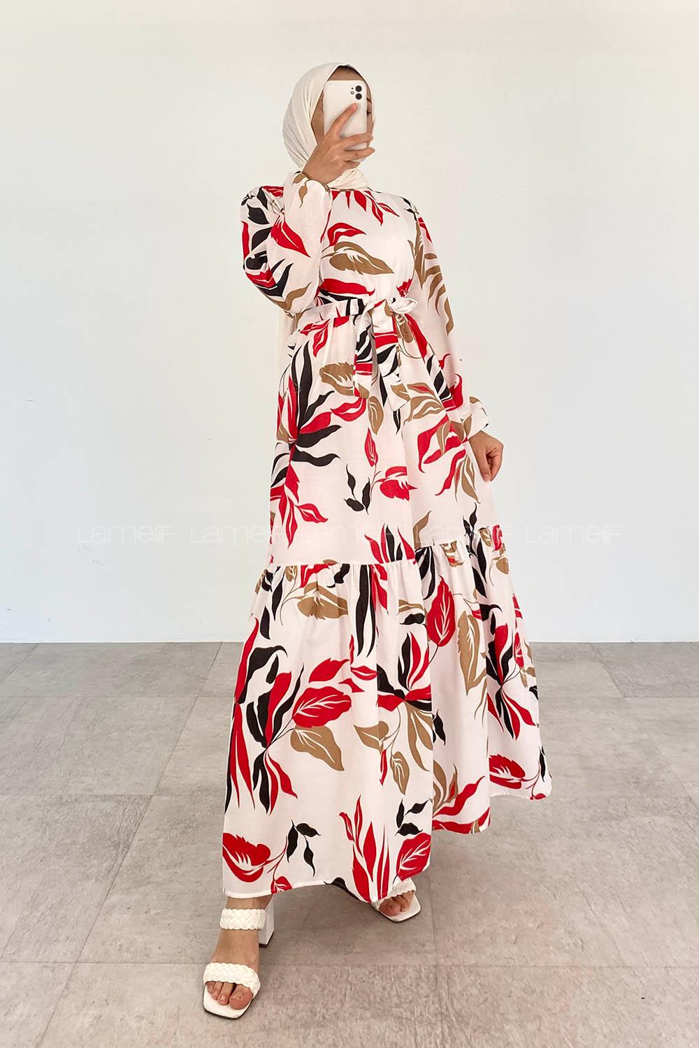 Red Crew Neck Viscose Fabric Printed Dresess