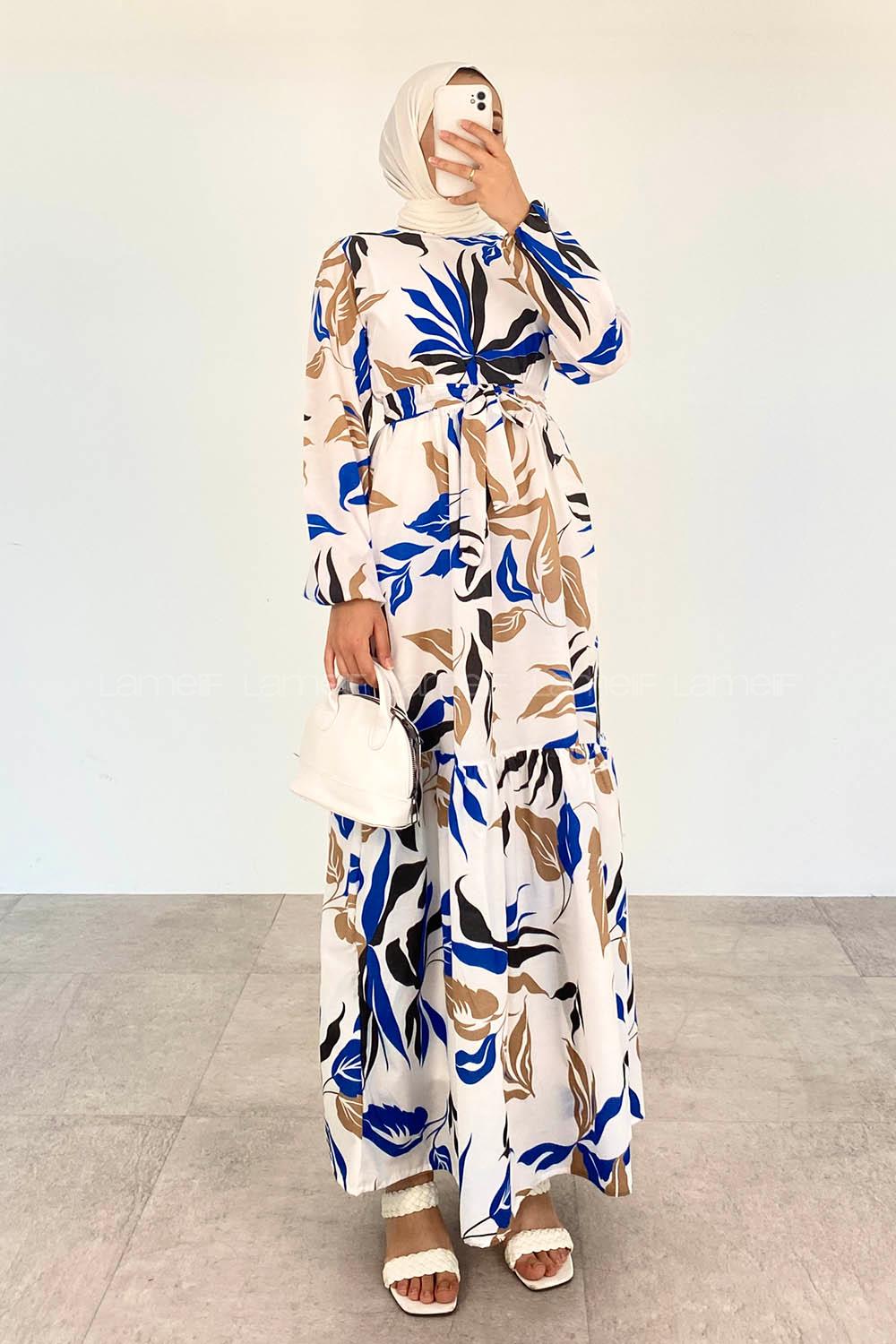 Blue Crew Neck Viscose Fabric Printed Dresess