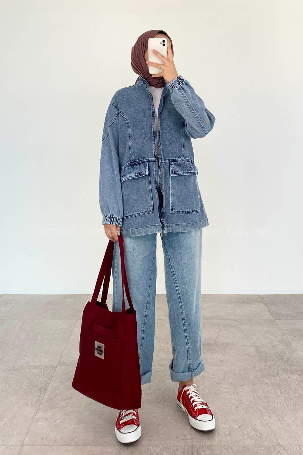 Ice Blue Mandarin Collar Long Arm Denim Denim Jacket