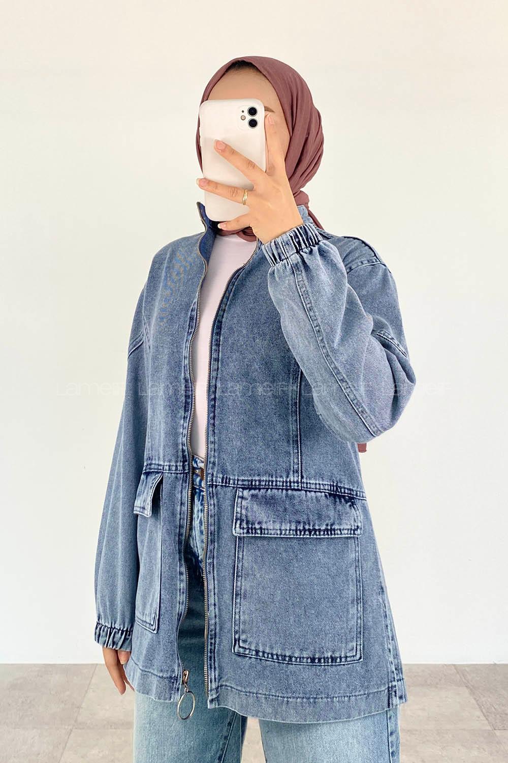 Ice Blue Mandarin Collar Long Arm Denim Denim Jacket