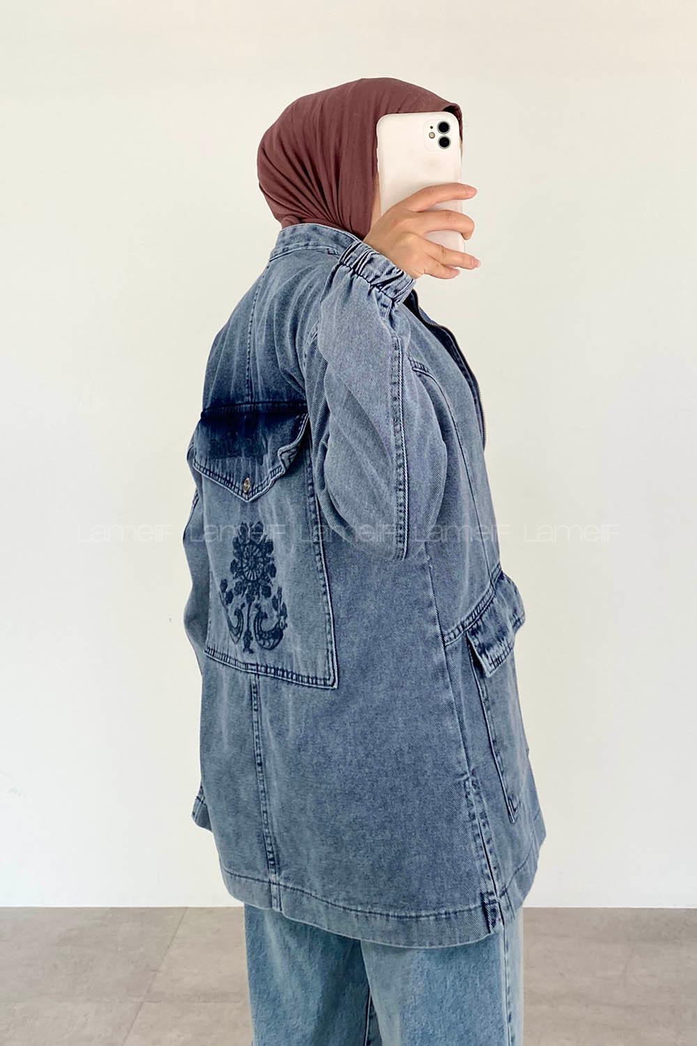Ice Blue Mandarin Collar Long Arm Denim Denim Jacket