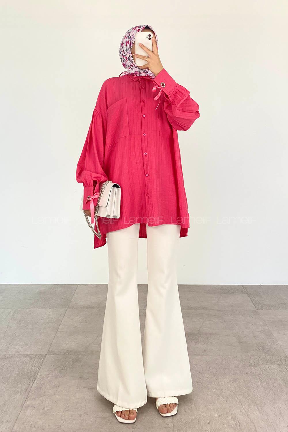 Fuchsia Shirt Collar Long Arm Cotton Printed Shirt