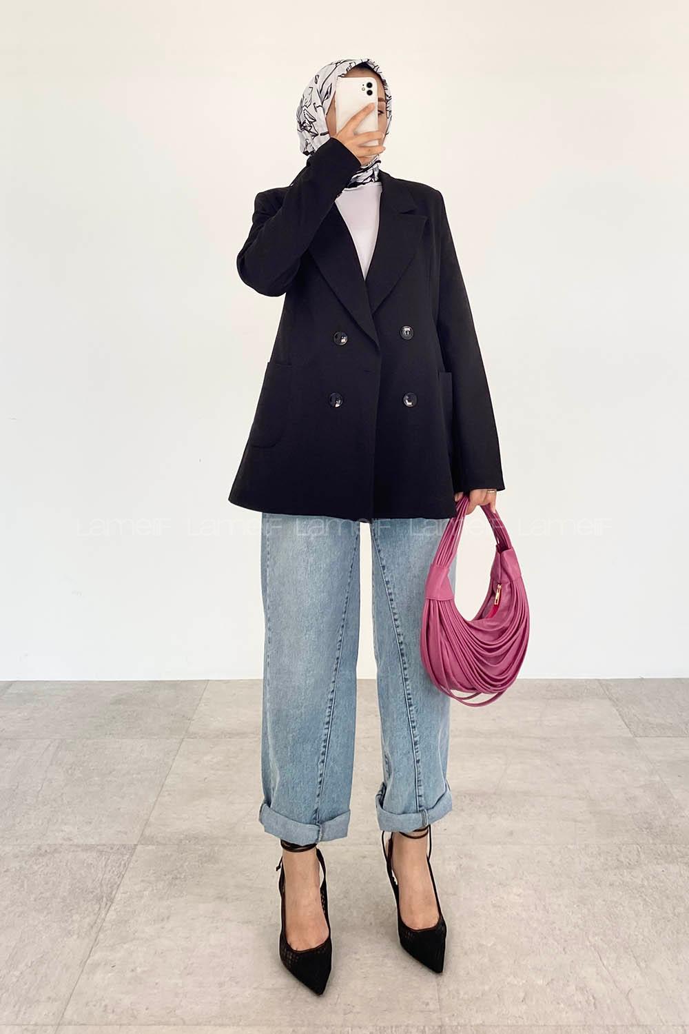 Black V Neck Long Arm Viscose Fabric Jacket