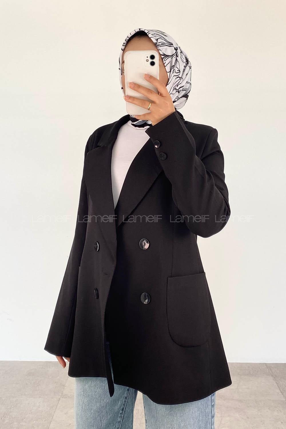 Black V Neck Long Arm Viscose Fabric Jacket