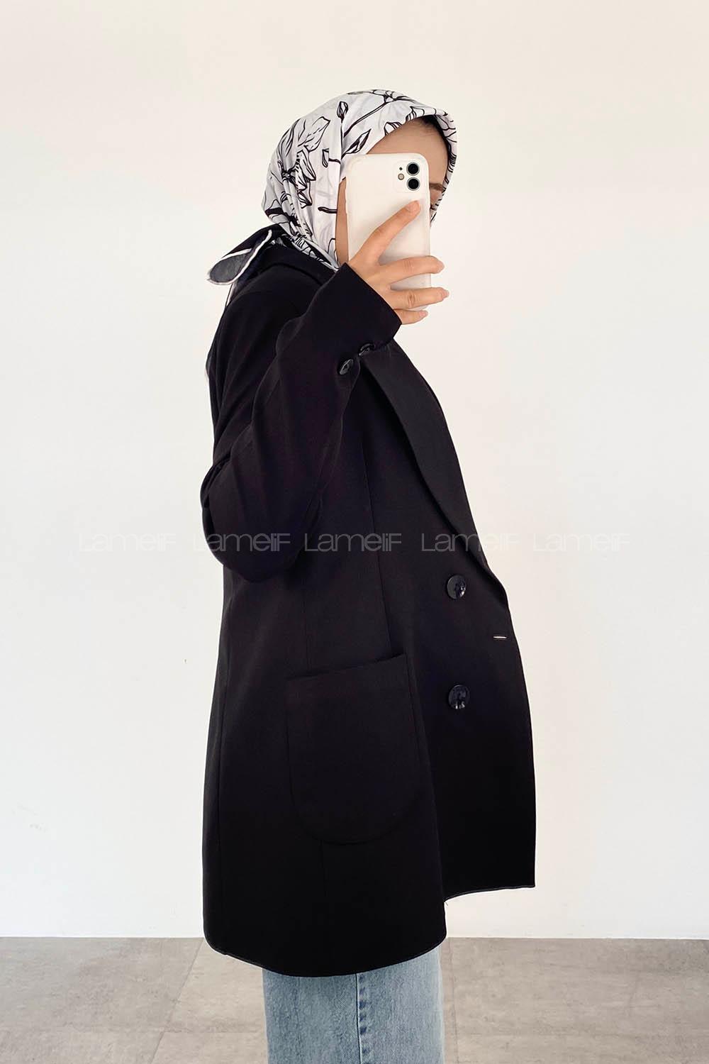 Black V Neck Long Arm Viscose Fabric Jacket