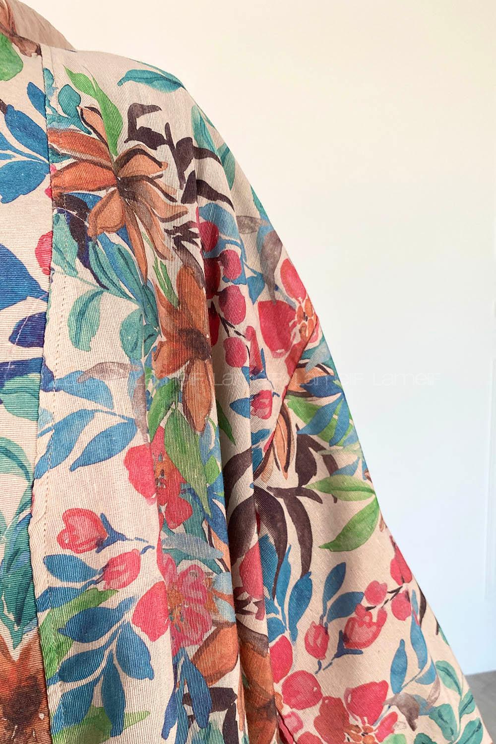 Blue Pink Long Arm Without Accessories Cotton Striped Kimono