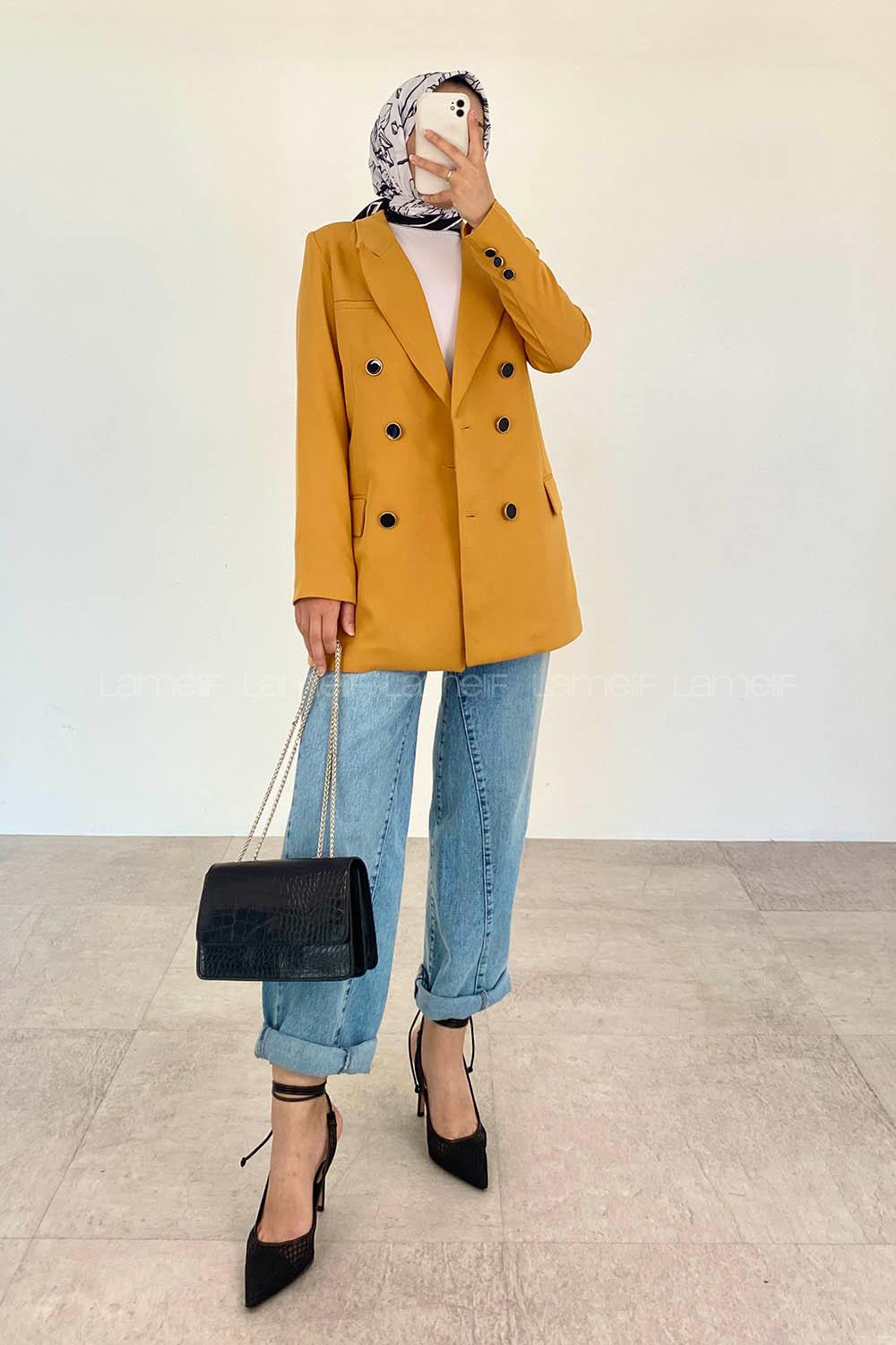 Ocher Shirt Collar Long Arm Cotton Fabric Jacket