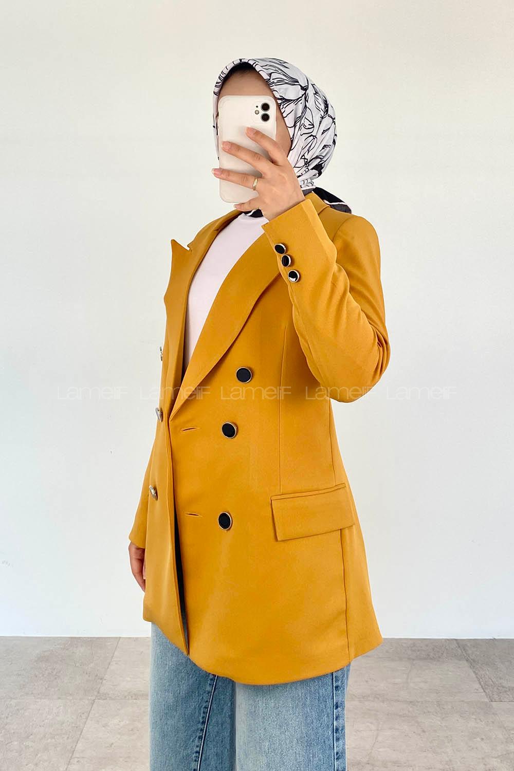 Ocher Shirt Collar Long Arm Cotton Fabric Jacket