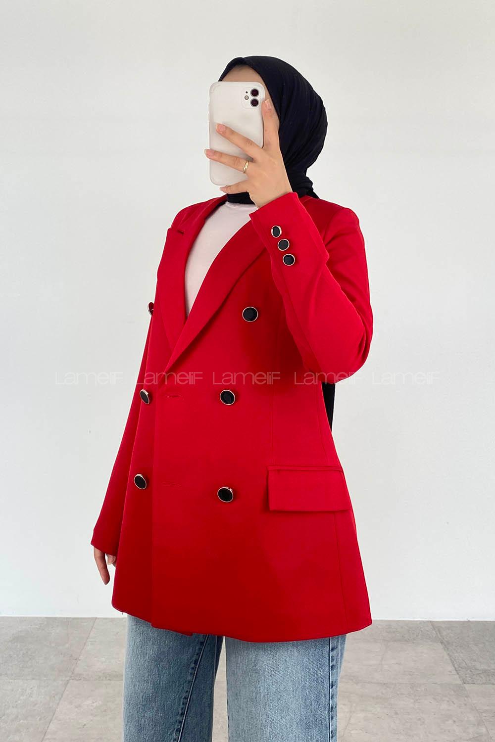 Red Shirt Collar Long Arm Cotton Fabric Jacket